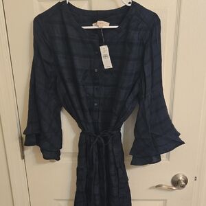 Navy Plaid Button-Down Dress with Belt